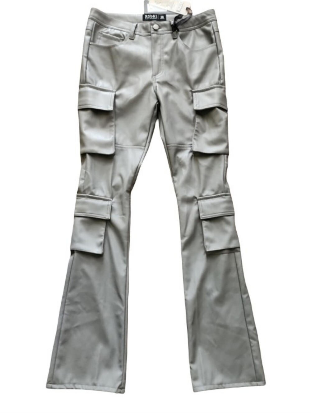 Rebel Faux Leather Cargo Pants Gray‎ Flare Leg Y2K Moto Men's Size 28 NWT